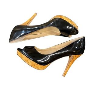 Antonio Melani Black Patent Leather Peep‎ Toe Cork Platform Heels